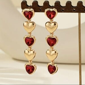 Gold & Red  Dangle Heart Earrings 